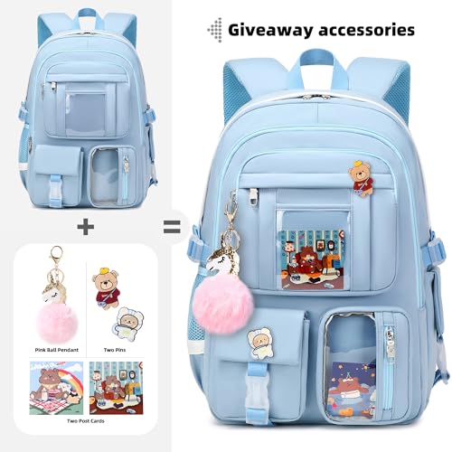 Backpack for Girls with Accessories Laptop Bookbags 16 Inch Kawaii Kids Elementary Middle High School Bag College Travel Daypack Gifts for Teens Women Students (Blue) - color: Blue