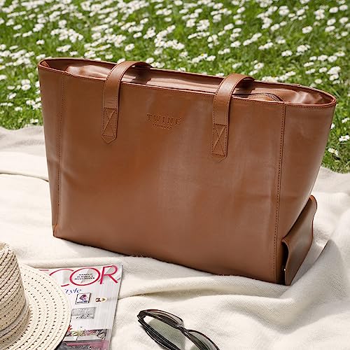 Twine Insulated Wine Cooler Bag, Faux Leather Tote with Insulated Liner, Shoulder Straps, Adjustable Divider, Silver Zipper, Tan, Set of 1 - style: Insulated Wine Tote Bag