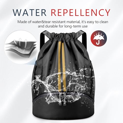 PinCute Drawstring Backpack for Women Men, Gym Bag for Soccer, Basketball, Swim, Beach, Water-Resistant Sports Backpack with Wet Pocket and Shoe Compartment, Black Gold - color: Black Gold
