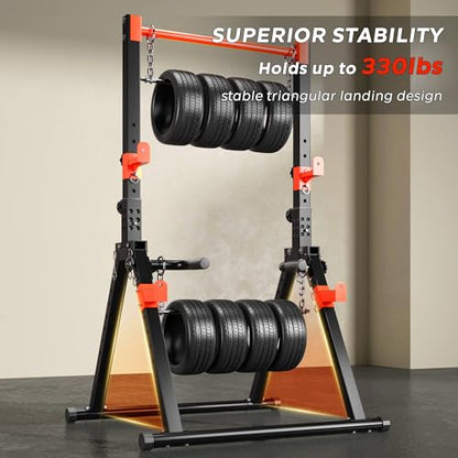 DlandHome Foldable Power Tower Pull Up Bar Dip Station, Adjustable Height Multifunction Workout Pull Up Tower Station for Home Gym, Strength Training Equipment, Triangular Legs, Up to 330lbs - color: Red
