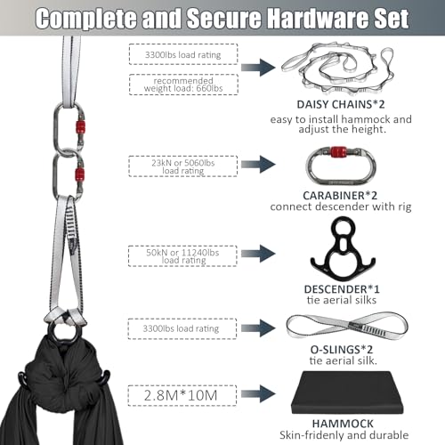 Aerial Silks Kit & Aerial Yoga Hammock - 11Yd Premium Fabric with Hardware - Easy Setup for Flying Yoga, Aerial Swing & Fitness - Supports Up to 14ft Rigging - color: Black