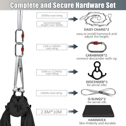 Aerial Silks Kit & Aerial Yoga Hammock - 11Yd Premium Fabric with Hardware - Easy Setup for Flying Yoga, Aerial Swing & Fitness - Supports Up to 14ft Rigging - color: Black