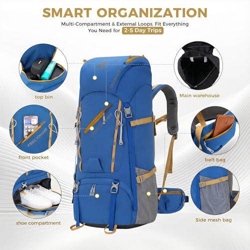 Bseash 65L Waterproof Hiking Camping Backpack with Rain Cover, Outdoor Sport Travel Daypack for Climbing Touring (Blue) - color: Blue