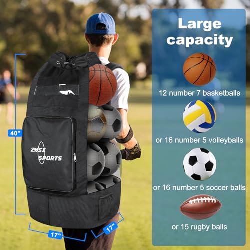 Soccer Ball Bag,Large Mesh Ball Bag Sports Equipment Net Bag With Drawstring Closure Shoulder Strap and Oversized Front Pocket Storage Basketball,Volleyball,Football Accessories