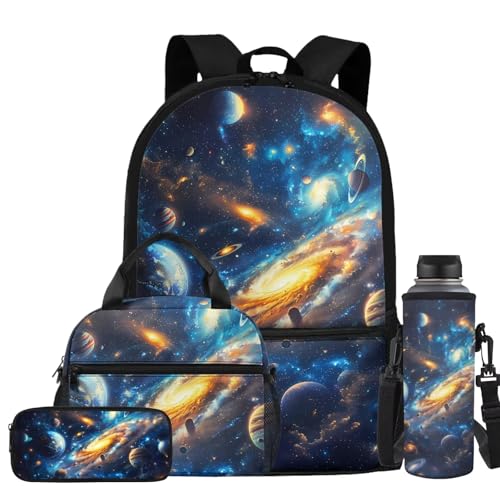 Galaxy Backpack for Boys Kids Backpacks with Lunch Box Pencil Case and Water Bottle Sleeve 4PCS Set Preschool Backpack for Boys 17 Inch Large Capacity School Bag with Front Pocket - color: Galaxy