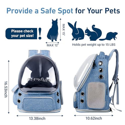 Cat Backpack Carrier with Large Space Bubble Window, Airline Approved Breathable Pet Carrier for Small Dogs Cats up to 15lbs, Foldable for Travel Hiking & Outdoor Use - color: Blue