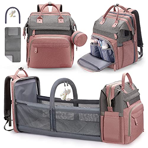 DERJUNSTAR Baby Diaper Bag Backpack with ChangingStation-Large Capacity Baby Bag for Boys & Girls, USBCharging Port, Pacifier Case, sunshade & Toy Bar,Waterproof, Baby Pink - color: Baby Pink
