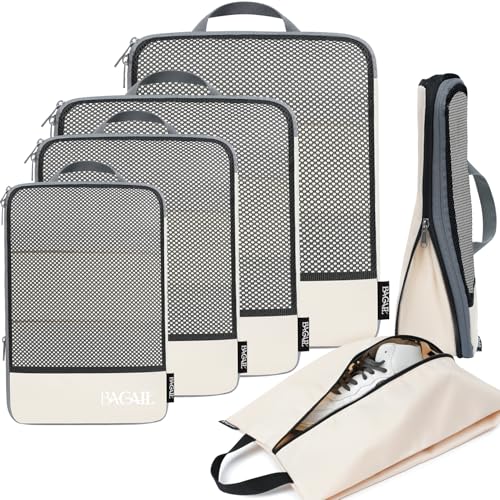 BAGAIL 4 Set/6 Set/8 Set Compression Packing Cubes Travel Accessories Expandable Packing Organizers (Half Mesh, 6-Beige) - color: 6-Beige, style: Half Mesh