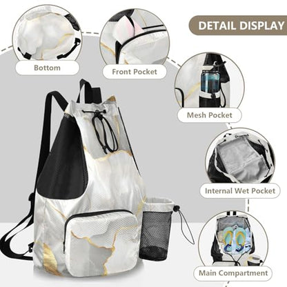 Drawstring Beach Bags Climbing Gym Bag With Inside Pockets String Bag Waterproof Marble White Neutral - color: Color 15