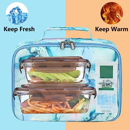 LEDAOU Kids Lunch Box, Insulated Lunch Bag for Girls Boys, Reusable Lunchbox for School Preschool Kindergarten Daycare, Lightweight Blue Marble Lunch Tote - color: Marble Blue