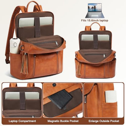 Shrrie Laptop Backpack for Women 15.6 inch,Travel Leather Backpack Purse Nurse Teacher Carry on Backpack Computer Bag,Professional Water-Resistant College Business Work Casual Daypack,Brown - color: Brown02