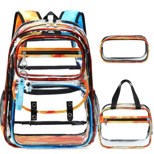 ACESAK Clear Backpack for Boys Girls - 3 Pcs Clear Heavy Duty with Lunch Bag - See Through Backpack Stadium Approved for Kids Middle High College School (Flame) - color: Flame