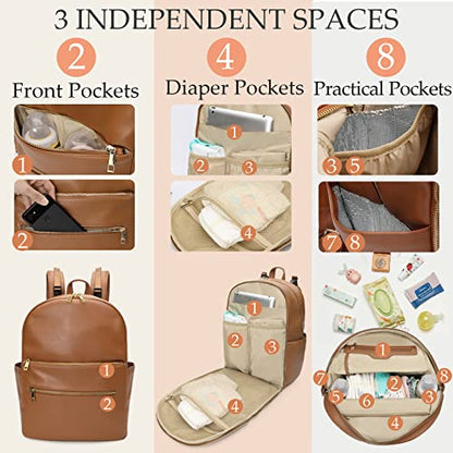 Omanmoli Diaper Bag Backpack Baby Diaper Bag Leather Diaper Bag Backpack Mom Dad with 18 Organizing Pouches,6 Insulated Pockets,Changing Pad,Stroller Straps, Large Capacity,Waterproof(Brown) - color: Brown