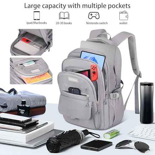School backpack for Girls, Aesthetic Backpack for Women Men Cute Bookbag Preppy College (Grey) - color: Grey