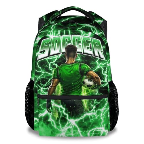 UNIKITTY Soccer Backpack for Boys Kids School Bag 17 Inch Child Bookbag for Elementary Middle School Students, Sports-Themed Polyester Back Pack with Side Mesh Pockets - color: Green