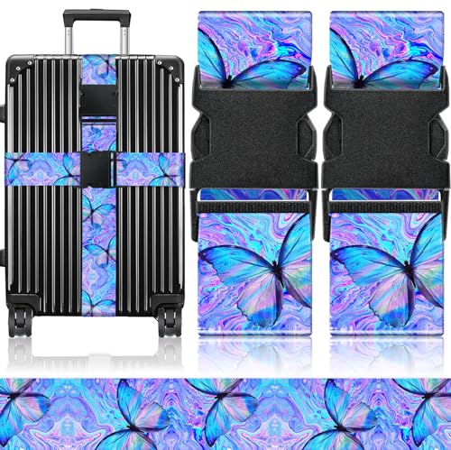 Slohif Luggage Straps for Suitcases Travel Belt Accessories Luggage Connector Identifiers 2 Pack Over Handle with Buckle Unique Nylon Adjustable Strap for Sleeping Bag Car Seat Butterfly - color: Fluorescent butterfly