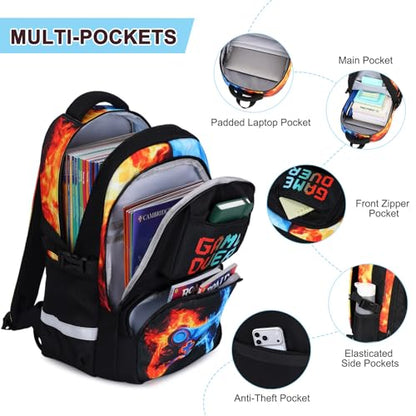 Scothen 3PCS Boys Backpack Set, Cool Backpack for Boys with Lunch Bag & Pencil Case, Kids School Bag Teen Boy Bookbag for Kindergarten Elementary Middle School with USB Charging Port - color: Red & Blue Flame