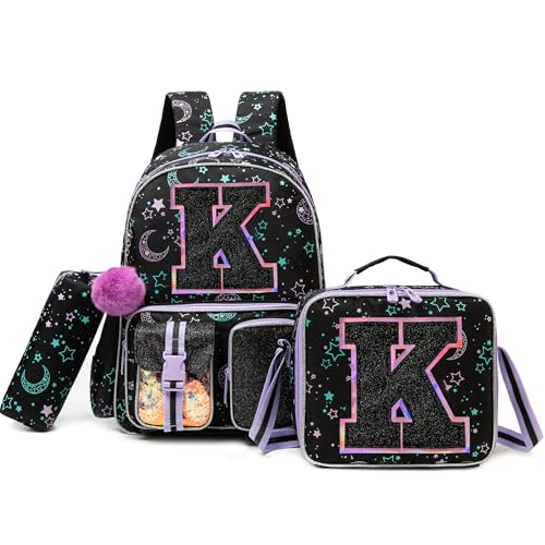 HTgroce Backpacks for Girls School Bag Kids Black Bookbag for Elementary Students Kids Backpack with Lunch Box and Pencil Case - color: Black, style: K