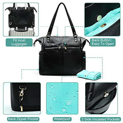 MOMINSIDE Diaper Bag Tote, 4 in 1 Leather Diaper Bag Backpack with 13 Pockets, Convertible Baby Bag Pañaleras Para Bebe for Mom Mommy Bag Hospital Bag, Changing Pad, 4 Large Insulated Pockets(Black) - color: Black