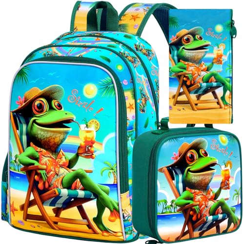 3Pcs Kids Backpack for Boys, 16" Frog Kindergarten Preschool Elementary Bookbag Set, School Backpacks with Lunch Box(Green) - color: Frog Green