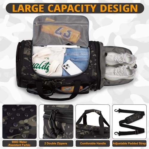 Expandable Gym Bag For Men,Tactical Large 3 in 1 Sports Duffle Bag With Shoes Compartment,Water Resistant Sports Gym Tote Bags Multi-functional Weekend Travel Backpack Overnight Bag - color: Camo Black