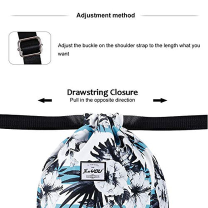 XEYOU Drawstring Sports Backpack Lightweight Gym Yoga Sackpack Shoulder Rucksack Casual Outdoor Daypack for Women and Men | Lightweight - color: Black and White Flower Pattern