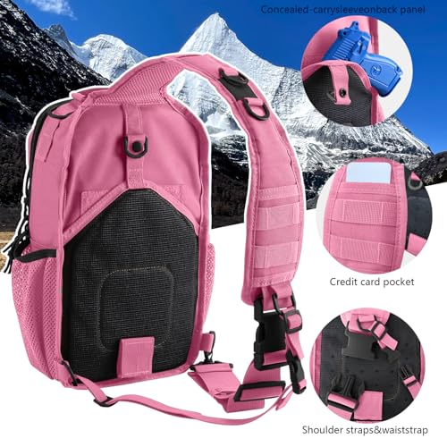 Rover Sling Pack Tactical Shoulder Sling Bag Backpack with Bottle Holder Crossbody Chest Bag, Pink - color: Pink
