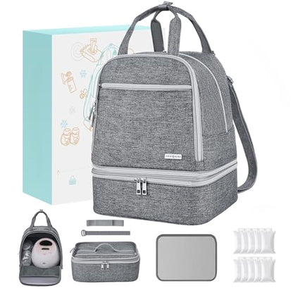 Breast Pump Bag with Insulated Cooler, Double-Layer Pumping Bag for Work & Travel, Fits Most Electric Breast Pumps, Includes 10 Ice Packs & Waterproof Mat, Detachable Bottle Cooler Tote, Grey - color: Grey