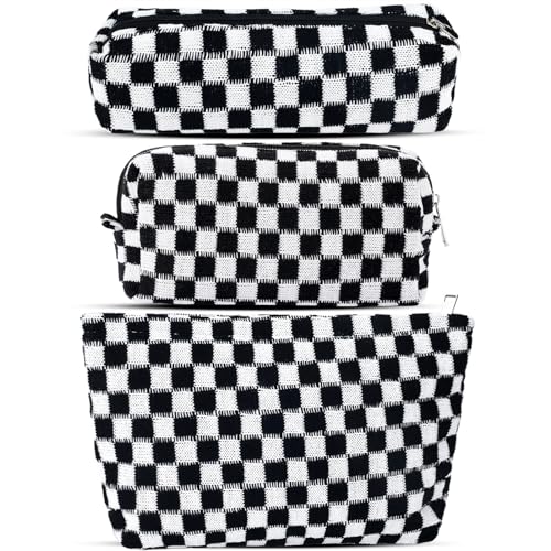 ZLFSRQ 3Pcs Checkered Makeup Bag for Women Large Small Checkered Cosmetic Bag Set Aesthetic Preppy Pencil Case Cute Pencil Pouch Black Makeup Pouch for Purse Travel Toiletry Bags Zipper Skincare Bags - color: B-Checkered 3Pcs Mix Black
