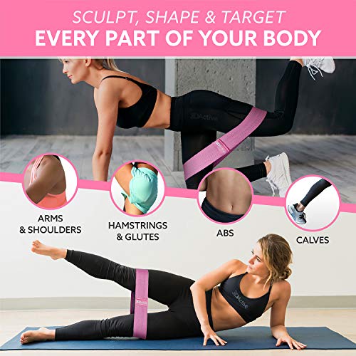 3DActive Fabric Resistance Bands for Legs & Butt. Wide Non-Slip Hip Band Set for Home & Gym Workouts. Exercise Guide & Carry Bag Included. - color: Purple, Pink, Green