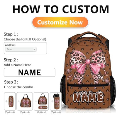 Backpack for Girls Personalized Bow Polka Dot Backpacks, 17 Inch Leopard Print for School Camp Picnic Team - color: Brown