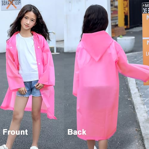 Rain Ponchos Raincoats for Kids, Reusable Boys Girls Rain Jackets Emergency with Hood for Family Disney Travel Outdoor - color: B-rose Red