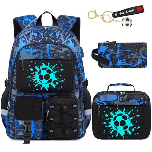 School Backpack for Boys - 4pcs Gamer Boys Backpack with Lunch Box Set for Kids Teens Elementary Middle High School,18″ Large Capacity Students Bookbag with Usb Charging Port & Key-chain - color: Soccer-set