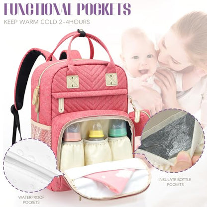 Tuwubi Diaper Bag Backpack, Baby Essentials Travel Tote Bag, Multi function Waterproof Backpacks, Travel Essentials with Stroller Straps & Pacifier Case - Pink - color: Pink, size: Medium