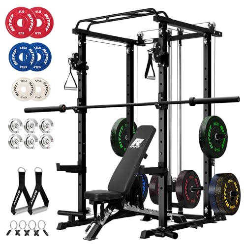 RitFit Multi-Function Garage & Home Gym Package Includes 1200LBS Power Cage PPC03/P3 with Cable Crossover System, Weight Bench, Olympic Barbell Weight Set, Full Body Workout - color: Black, style: Package 2.0K (with FBP 340lbs Plates)