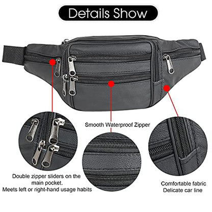 Leather Fanny Pack Travel Waist Bag 7 Pockets Waist Pack.Suitable for Outdoor Mountaineering Travel Camping Cycling Running etc FANNING511 Fanny pack (Black) - color: black