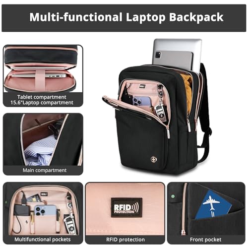 Swissdigital Design Business Laptop Backpack For Women,With USB Charging Port Computer Work Backpack,Fits 15.6 Inch Laptop Compact Travel Casual Backpack,Black | SD1006-01 - color: Black