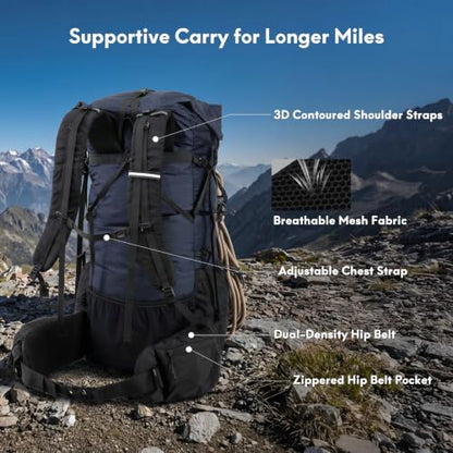 Haimont 40L+15L Roll-Top Backpacking Pack with Rain Cover, Blue | Expandable 55L, Hip Belt Support, Sleeping Pad Carry, Pole Attachments, YKK & Duraflex - color: Blue