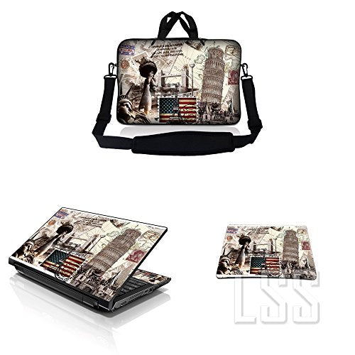 LSS 15 15.6 inches Laptop Messenger Crossbody Bag with Matching Laptop Skin Sticker & Mouse Pad Combo | Carrying Case for 14" 15" 15.6" or Smaller Size Notebook - World Landmarks - color: World Landmarks, size: 15 inch