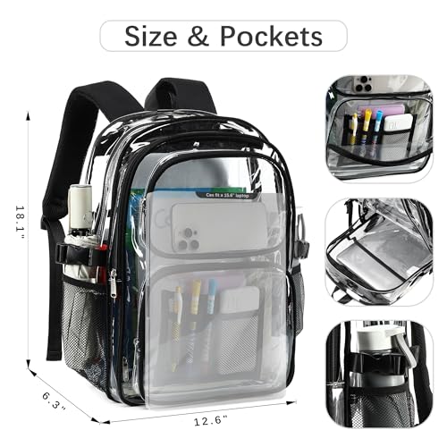 abshoo Large Heavy Duty Clear Backpack For School Bookbag Transparent Multi Pocket Backpacks (Black) - color: Black