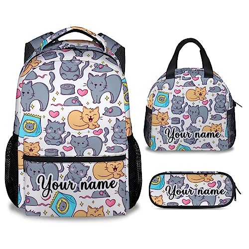 Personalized Cat Backpack with Lunch Box and Pencil Case, 16 Inch Cat Theme Bookbag with Adjustable Straps, Durable, Lightweight, Large Capacity, School Backpack for Girls Women - color: Color-1-3