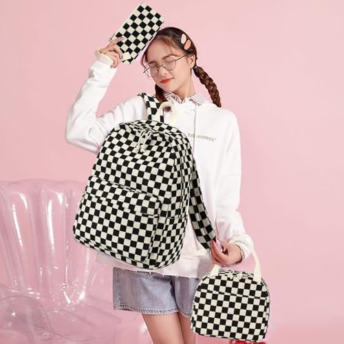 Bluboon School Backpack Set Girls Womens Laptop Bookbag Casual Daypack Fits 15 inch Laptop with Lunch Tote Bag and Pencil Bag - color: Corduroy Black Checkered 1