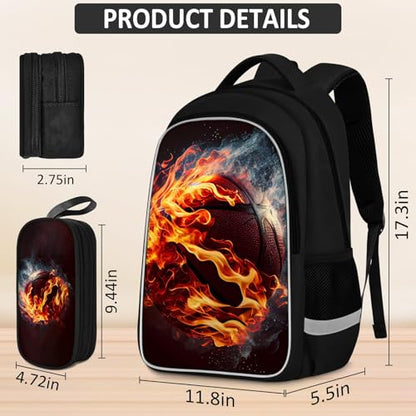 School Backpack for Boys - 4pcs Basketball Boys Backpack with Lunch Box and Pencil Case for Kids Children Teens Elementary Middle School - Students Bag for Ages 6-18,17″Bookbag Travel Back Pack - color: Basketball-03-backpack Set