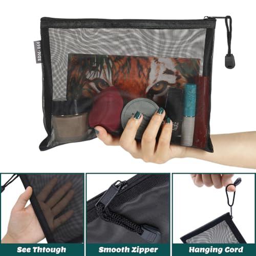 6 Pack Mesh Cosmetic Bags, Nylon Makeup Pouches with Zipper for Home Office Purse Diaper Bag (Black) - color: Black(2size)