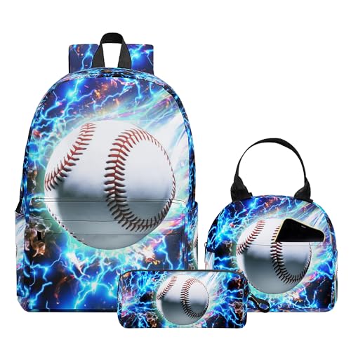 3PCS Backpack for Boys Girls, Kids Back To School Backpack Sets with Lunch Bag Pencil Case, Large Capacity 17 Inch Bookpack 3 in 1 Set for Teens Elementary Middle High School Students (Baseball) - color: Blue Baseball