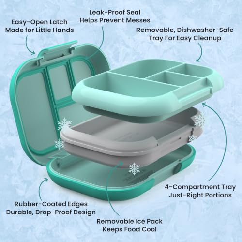 Bentgo Chill Kids Leakproof Lunch Box - 4-Compartment Bento Box with Built-In Ice Pack, 3.3 Cup Capacity, BPA-Free, Microwave & Dishwasher Safe Tray, Ages 3–7 (Aqua) - color: Aqua