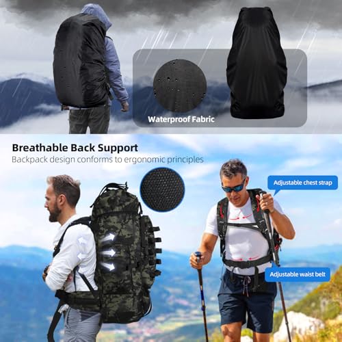 70L/100L Camping Hiking Backpack with Rain Cover, Expandable Large Military Tactical Backpack, Waterproof Molle Racksack Travel Backpacking Daypack for Climbing Trekking (Black CP) - color: Black Cp