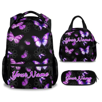 Personalized Girls Butterfly Backpack with Lunch Box - Set of 3 Custom School Backpacks Matching Combo - Fashion Black Bookbag and Pencil Case Bundle - color: Butterfly 2-2-1