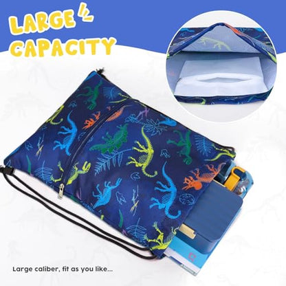 WAWASAM Kids Drawstring Backpack, Gym Swim Bag Cinch Bag for Girls Boys with Zipper Pocket - color: Dinosuar E