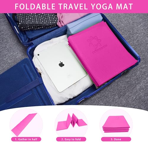 Primasole Folding Yoga Travel Pilates Mat Foldable Easy to Carry to Class Beach Park Tear resistant Travel Picnics 4mm Thick 9 Colors - color: Azalea Pink
